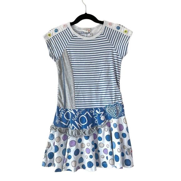 Naartjie Striped Sequin Heart Multi Fabric Blue Dress, Size 5 - Picture 1 of 5